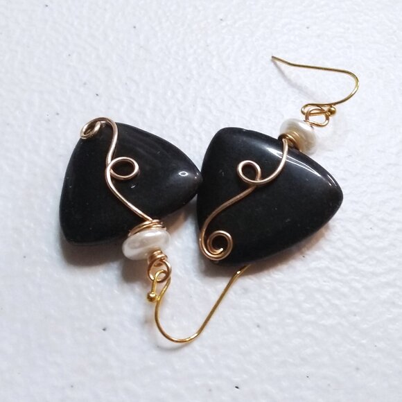 Ostentatious Statement Earrings: Black Jasper & Pearls - Handmade & Unique! - Picture 6 of 10